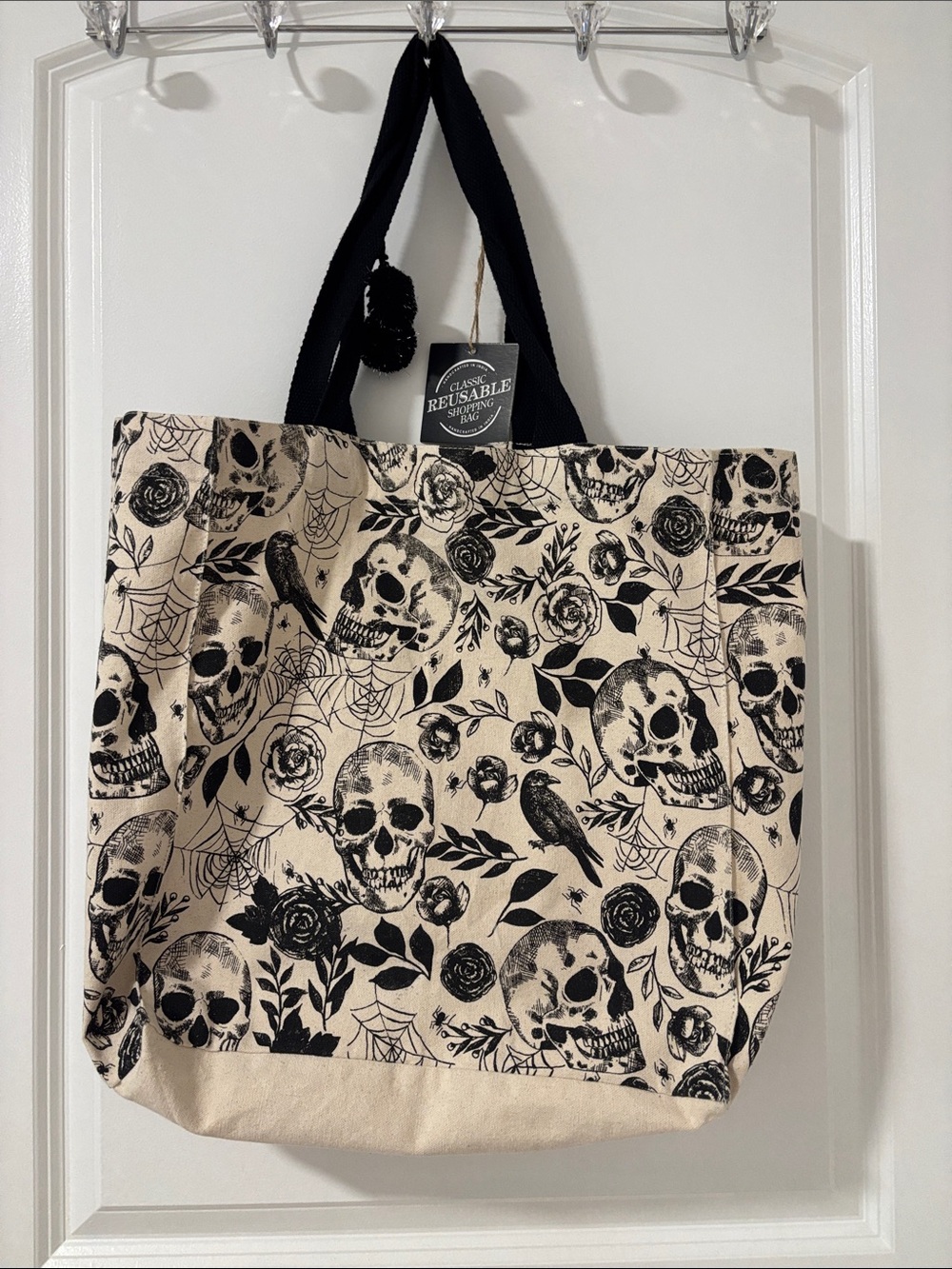 Reusable Skull Print Canvas Tote Bag in Beige and Black